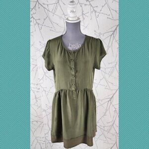 Sitka Olive Green 100% Silk Button Popover Flowy A-Line Dress